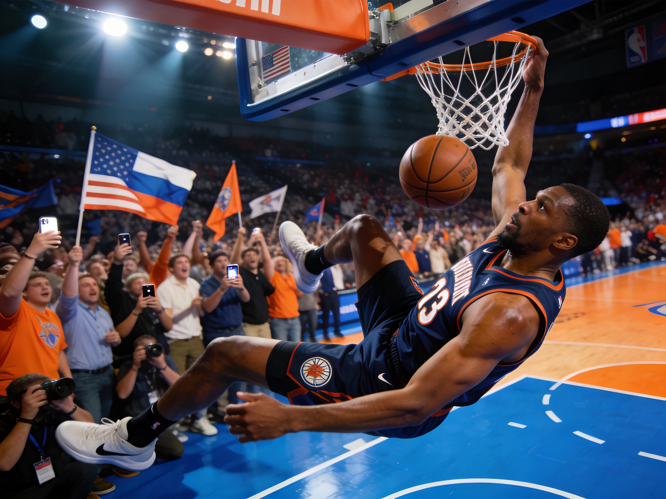 篮球比赛瞬间：球员腾空扣篮，观众席沸腾，展现NBA级别篮球赛事的高强度对抗与激情